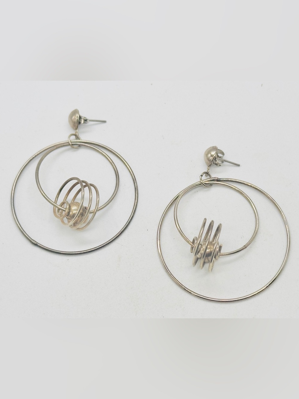Silver Tone Modern Hoop Drop Earrings Kinetic Spinning Orb Mobile Hook Pierced